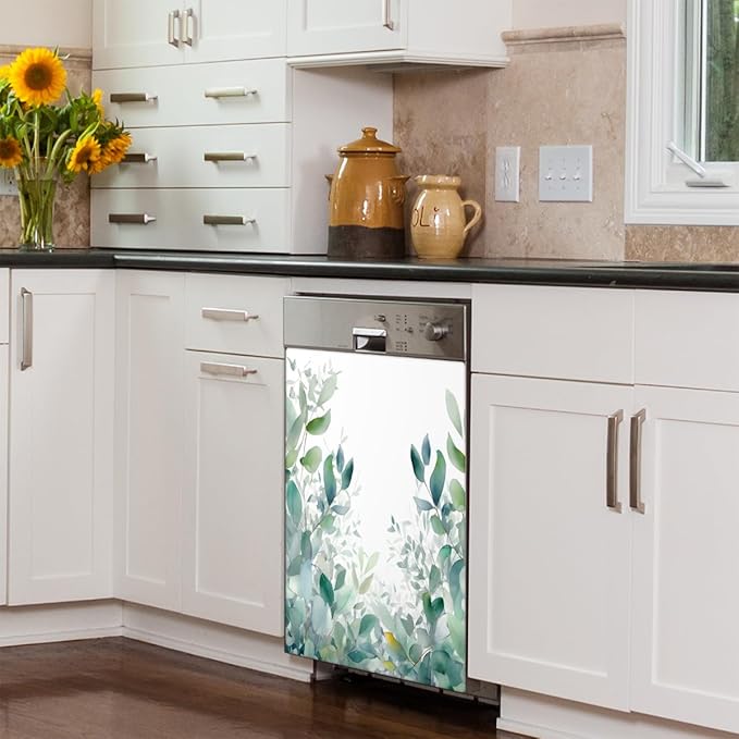 Dishwasher Magnet Cover Watercolor Eucalyptus Leaves Reusable Dishwasher Magnetic Cover Sticker Decorative Dish Washer Door Cover Panel for Home Kitcen Appliance