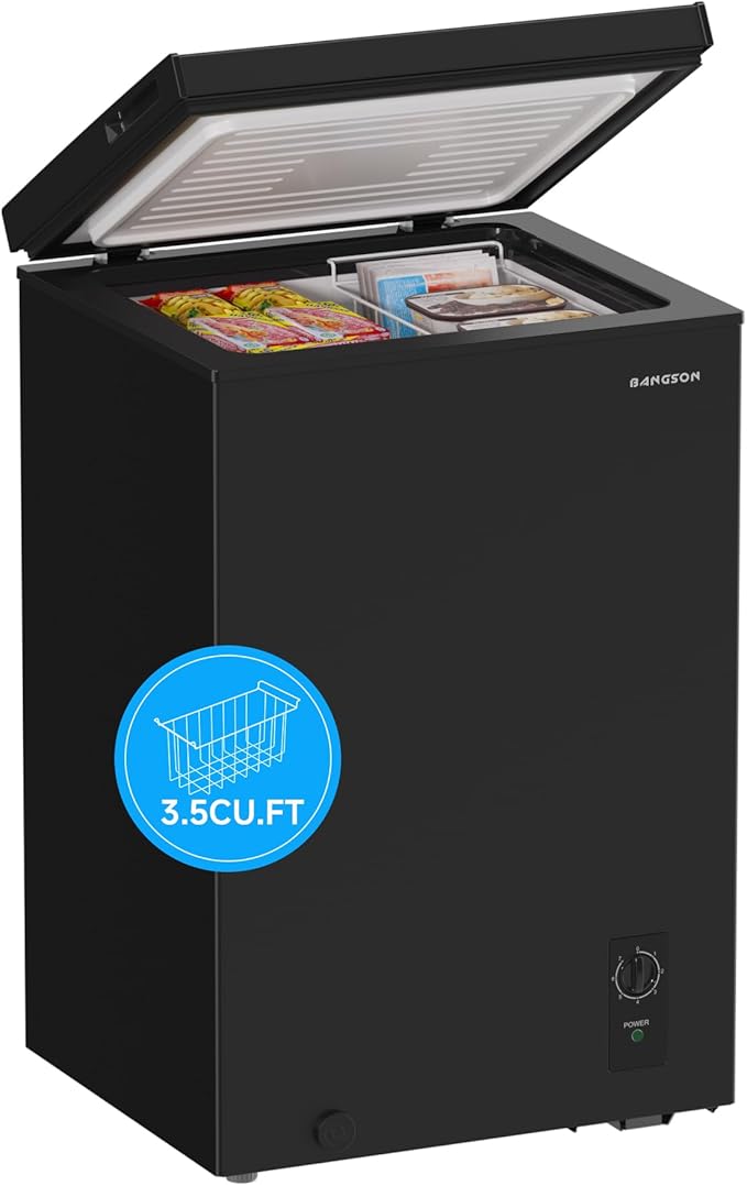 BANGSON 3.5 Cu.Ft Chest Freezer, Compact Deep Freezer with Removable Basket, Adjustable Thermostat, Energy-Saving, Quiet Mini Freezer for Home/Dorm/Apartment/Garage,Black