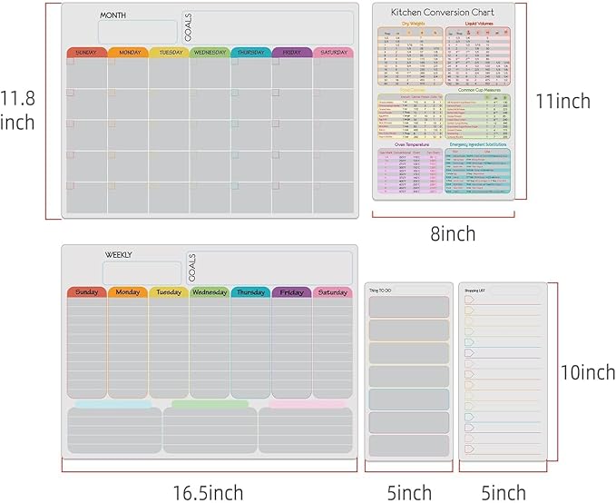 Hivillexun Magnetic Dry Erase Calendar Whiteboard Set (5-Pack) – Includes Monthly Planner, Weekly Planner, Meal Organizer, Conversion Chart, Shopping List – 8 Markers & Eraser for Family Organization