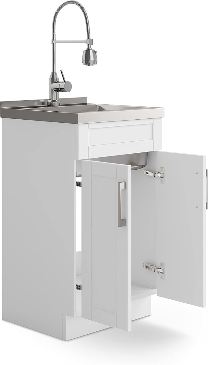 SIMPLIHOME Hennessy All-in-One 20 inch Wide Utility Sink and Laundry Cabinet in Pure White Finish, Transitional Stainless Steel Sink Cabinet for Laundry Rooms with High-Arch Chrome Faucet and Storage