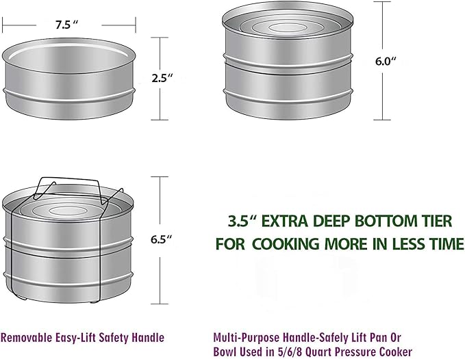 ecozoi Premium Extra Deep Stackable Steamer Insert Pans Pot in Pot for Instant Pot 6, 8 Quart Instant Pot Accessories - 2 Tier | Interchangeable Lids | Comes with 5 Additional Mini Cups for Baking