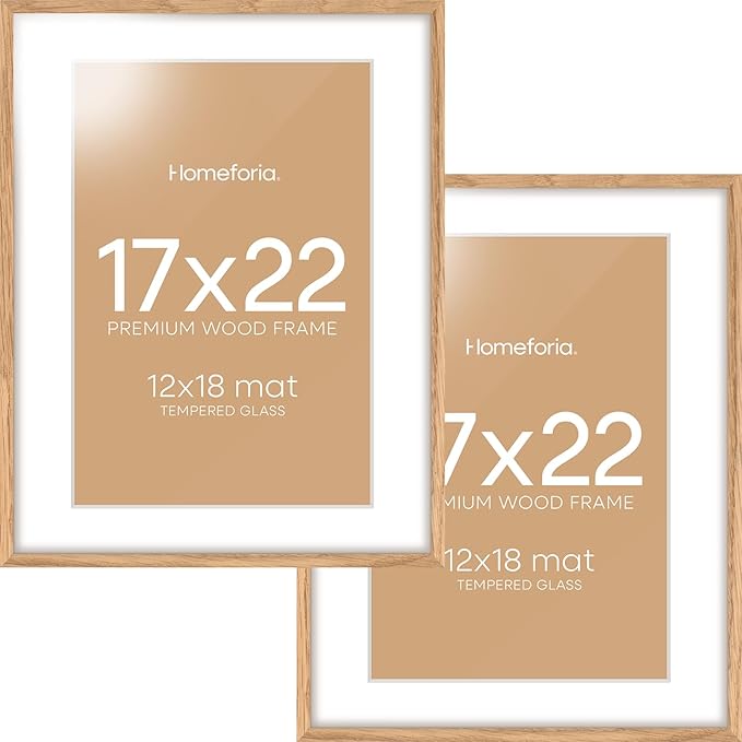 Homeforia 17x22 Picture Frame Natural Wood, High End Oak 17x22 Light Wooden Poster Frame with Mat 12x18, 17 x 22 Frames Matted to 12 x 18 Photo, 22x17 Hanging Frame, Tempered Glass, Wall Kit, Set of 2