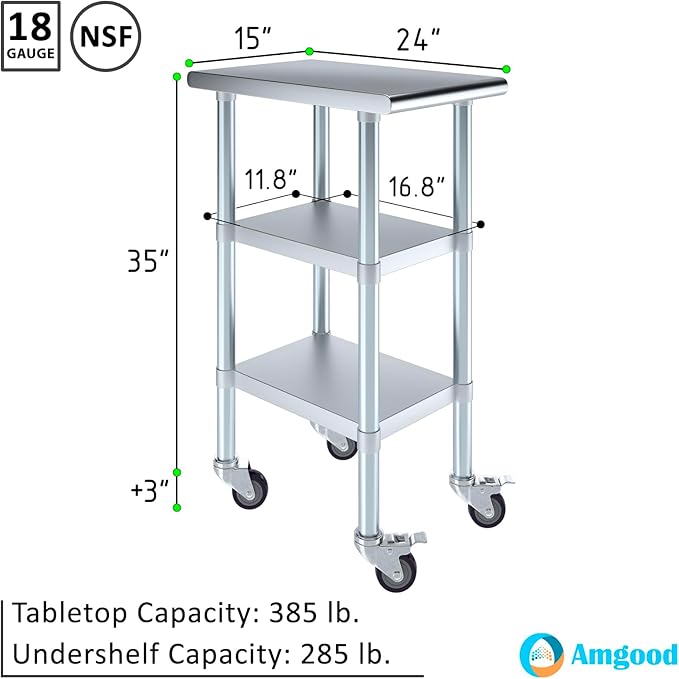 AmGood Stainless Steel Work Table with 2 Shelves and Casters | Metal Utility Table On Wheels (Stainless Steel Work Table with 2 Shelves + Casters, 15" Long x 24" Deep)