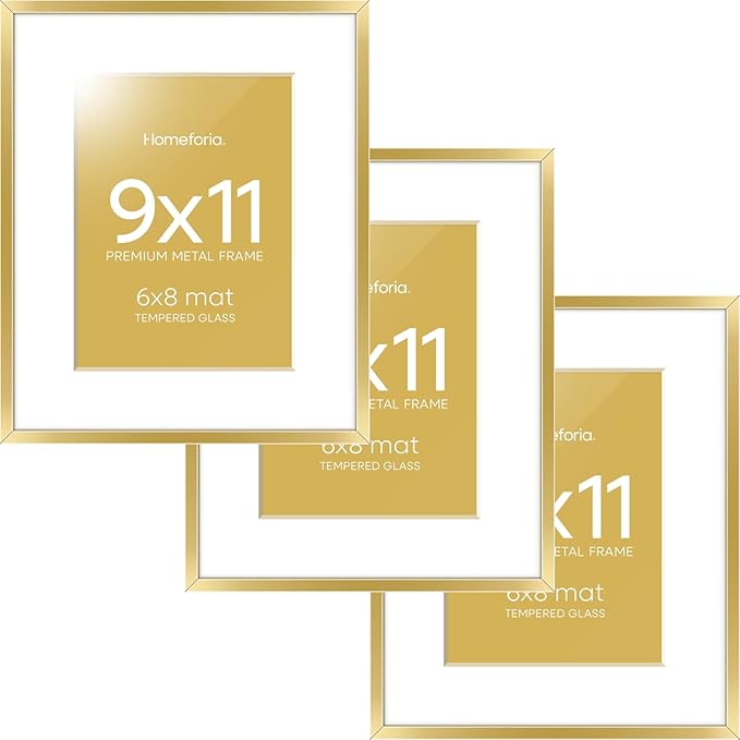 Homeforia 9x11 Gold Frame, High End Metal 9 x 11 Picture Frames with Mat 6 by 8 inch Photo, 9by11 Thin Poster Frame Matted to 6x8 Print, 11x9 Wall or Tabletop Frame, Tempered Glass, Wall Kit, Set of 3