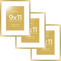 Homeforia 9x11 Gold Frame, High End Metal 9 x 11 Picture Frames with Mat 6 by 8 inch Photo, 9by11 Thin Poster Frame Matted to 6x8 Print, 11x9 Wall or Tabletop Frame, Tempered Glass, Wall Kit, Set of 3