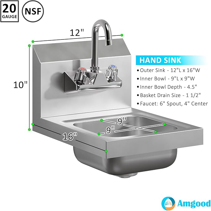 AmGood Stainless Steel Wall Mount Hand Sink | NSF | Commercial Hand Washing Basin For Restaurant, Kitchen and Home (12" x 16")