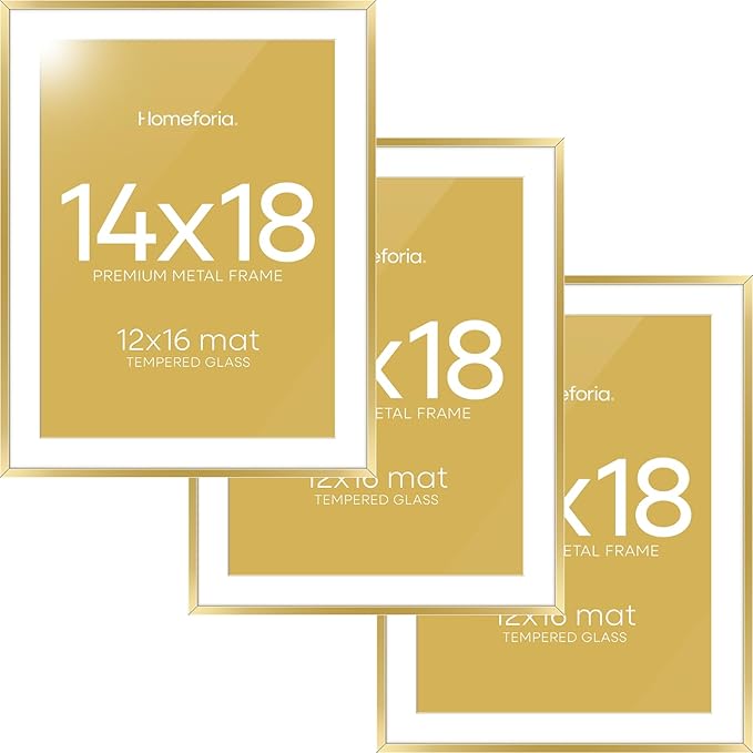 Homeforia 14x18 Picture Frame Gold, High End Metal 14x18 Poster Frames with Mat 12x16 Photo, 14 x 18 Gold Frame Matted to 12 by 16 Print, 18by14 Thin Hanging Frames, Tempered Glass, Wall Kit, Set of 3