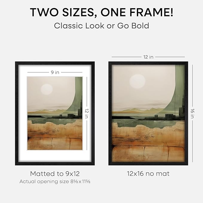 Homeforia 12x16 Black Wood Picture Frame, High End Oak 12x16 Poster Frames with Mat 9x12 Print, 12 x 16 Black Wooden Frame Matted to 9 by 12 Photo, 16x12 Thin Frame, Tempered Glass, Wall Kit, Set of 2