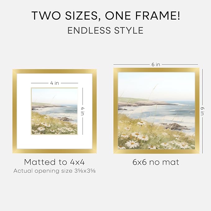 Homeforia 6x6 Picture Frame Gold, High End Metal 6 x 6 Square Photo Frames with Mat 4 by 4, 6x6 Poster Frame Matted to 4x4 inches Print, 6by6 Wall or Tabletop Frame, Tempered Glass, Wall Kit, Set of 3