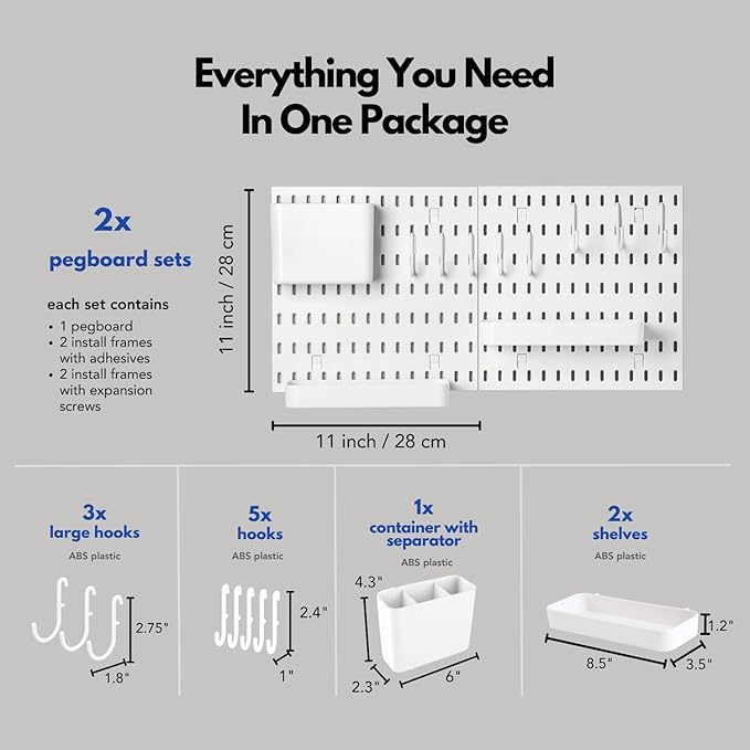Keepo Pegboard Combination Kit, Pegboards and Accessories Modular Hanging for Wall Organizer, Crafts Organization, Ornaments Display, Nursery Storage, Peg Board (White, 22″×11″)