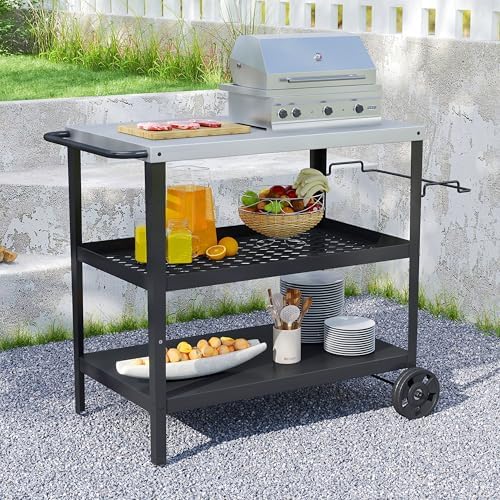 3-Shelf Pizza Oven Table with 34" x 20" Stainless Tabletop,Outdoor Grill Cart for Pizza Ovens & Griddles,Black