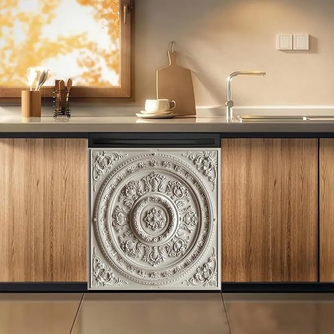 2D Flat White Ornamental Floral Round Pattern Dishwasher Magnetic Cover 23x26 InchClassic Relief Design Universal Appliance Magnet for Kitchen Decor