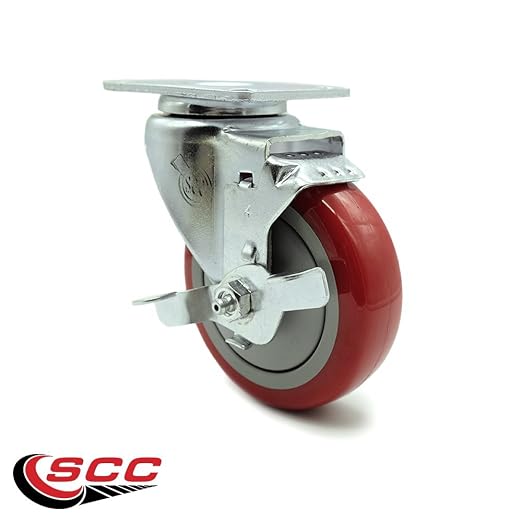 Service Caster Brand Replacement Caster for Uline Caster H-5539SWB - Swivel Top Plate Caster with 4 Inch Red Polyurethane Wheel and Top Lock Brake - Fits Carts, Dollies and Poly Box Trucks H-1956