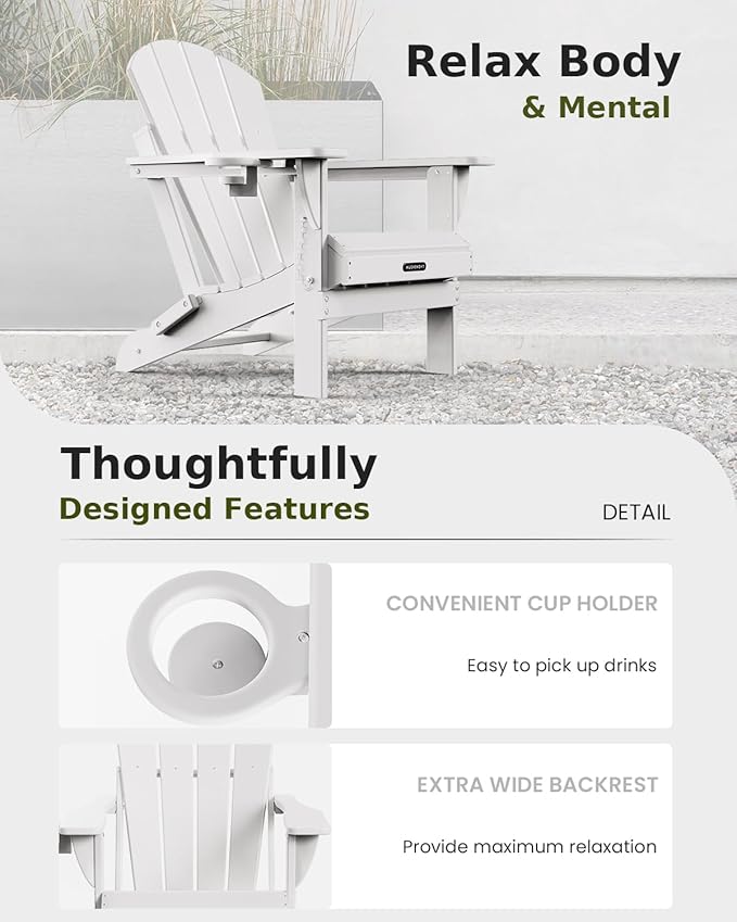 MUCHENGHY Folding Adirondack Chairs 6 Pack, Patio Chairs, Lawn Chairs, Outdoor Chairs, Adirondack Chair Plastic, Fire Pit Chairs, Weather Resistant with Cup Holder for Deck, Backyard, Garden(White)