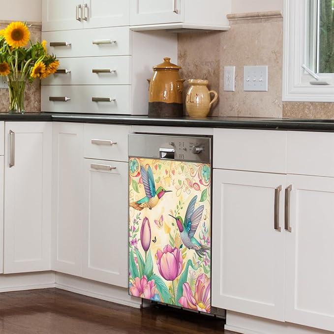 Hummingbird Butterfly Flower Dishwasher Magnet Cover, Reusable Refrigerator Panel Stickers Microwave Front Door Covers Magnets for Kitchen Home Appliances Holiday Party Decorations 23 X 26 in
