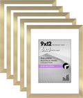Americanflat 9x12 Picture Frame with Polished Plexiglass - Set of 5 - Use as 6x8 Frame with Mat or Display 9x12 Photo Without Mat - Galleria Collection - Picture Frames for Wall Display - Gold