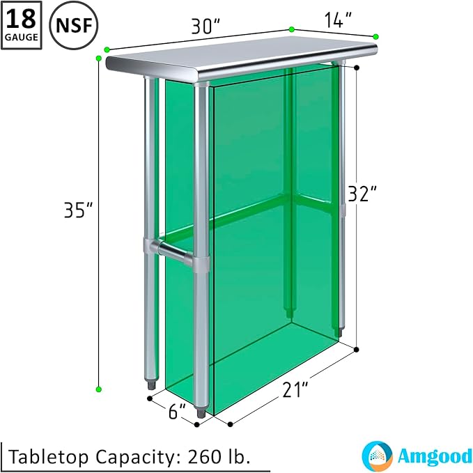 AmGood Stainless Steel Work Table Open Base | NSF Kitchen Island Food Prep | Laundry Garage Utility Bench (30" Long X 14" Deep)
