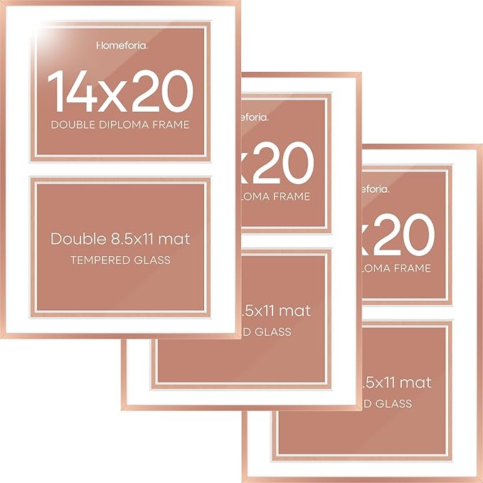 Homeforia 14x20 Double Diploma Frame, High End Metal 14 x 20 Rose Gold Certificate Frames with Mat for Two 8.5x11 Diplomas, 20x14 Dual Award Graduation Matted Frame, Tempered Glass, Wall Kit, Set of 3