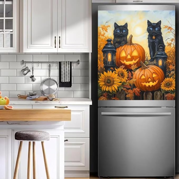 Halloween Black Cat Magnetic Dishwasher Cover Vinyl Sticker,Pumpkin Lantern Dishwasher Magnet Cover,Autumn Fall Sunflower Fridge Door Cover Magnets Art Skin Panel Decal for Home Decor, 23"X26"