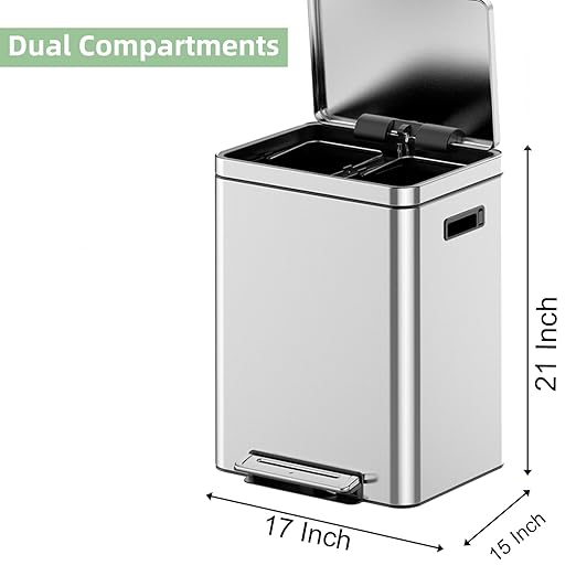 Dual Compartment Trash Can - 2 X 4 Gal (2 x 15L) Stainless Steel Trash Can, Double Sorting Bin with Soft Close Lids, Removable Inner Bucket, Step-on Recycling for Kitchen Home Office