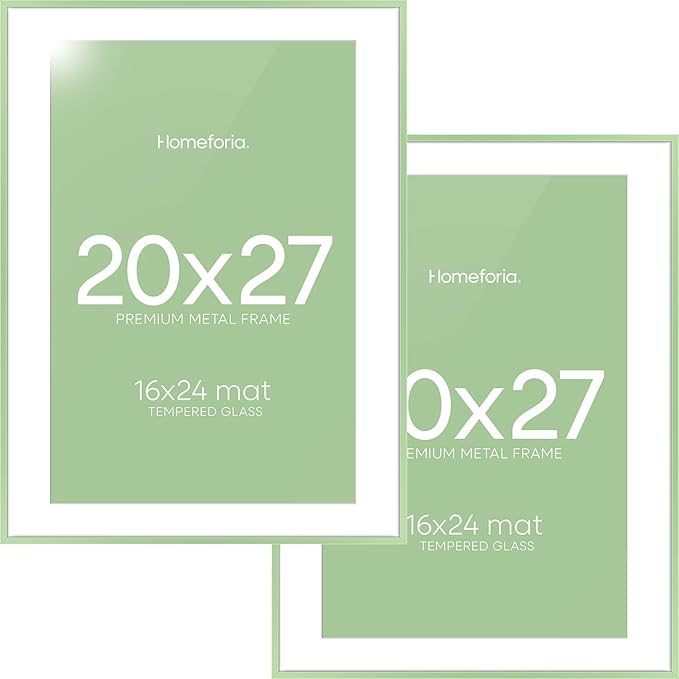 Homeforia 20x27 Picture Frame Sage Green, High End Metal 20x27 Poster Frames with Mat 16x24 Photo, 20 x 27 Sage Green Frame Matted to 16 by 24 Art, 27x20 Thin Frame, Tempered Glass, Wall Kit, Set of 2