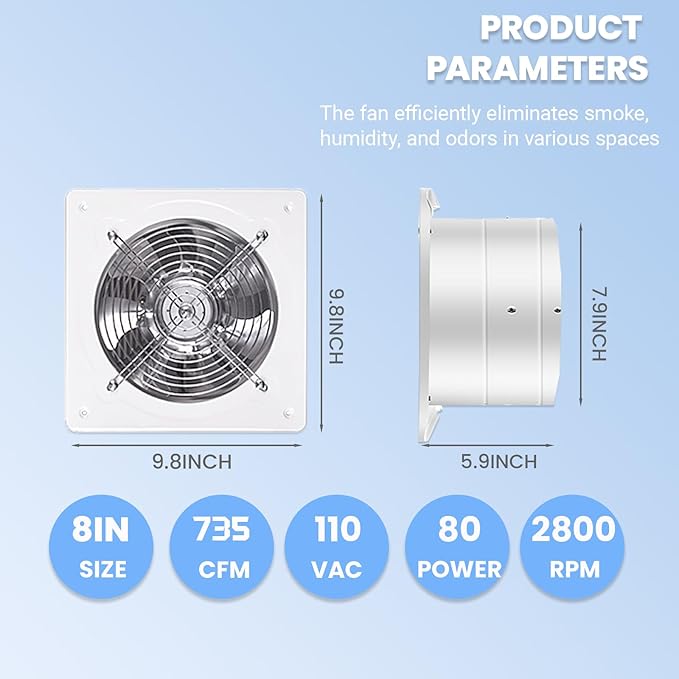 8 inch Exhaust Fan, 735CFM Wall Mounted Vent Fans, Ventilation Fan Bathroom Garage Attic Exhaust Fan Ceiling and Wall Mount Fan for Kitchen/Bathroom, 110V 80W