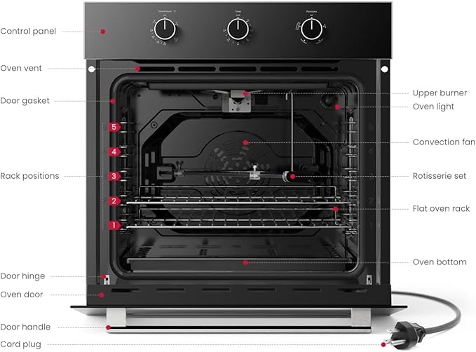 GASLAND 24 in Gas Wall Oven, ETL Certified Built-in Single Wall Oven, Natural Gas Wall Oven with Bake Broil Rotisserie Functions, Timer and Convection Fan, 120V Cord Plug, Black