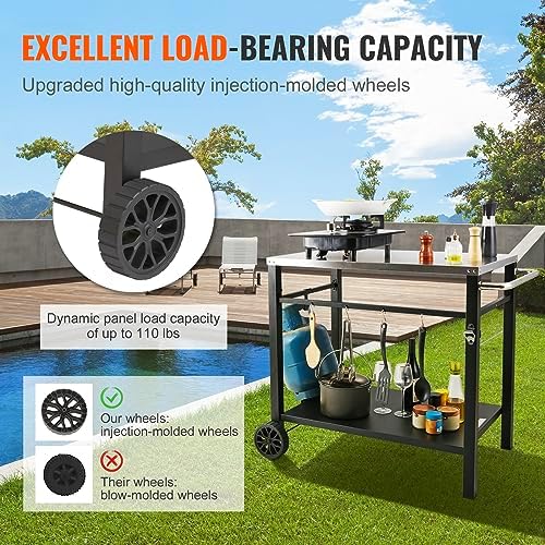 VEVOR Outdoor Grill Cart with Double-Shelf, BBQ Movable Food Prep Table with PVC Placemat, Black Iron Table Top, Portable Modular Carts for Pizza Oven, Worktable with 2 Wheels, Carry Handle