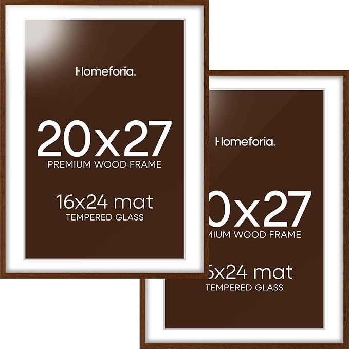 Homeforia 20x27 Picture Frame Brown, High End Dark Oak 20x27 Poster Wood Frame with Mat 16x24 for Photo, 20 x 27 Wooden Walnut Frame Matted to 16 x 24, 27x20 Frames, Tempered Glass, Wall Kit, Set of 2