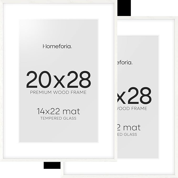 Homeforia 20x28 Picture Frame White, High End Oak 20 x 28 White Wood Poster Frames with Mat 14 by 22 Photo, 20x28 Wooden Frame Matted to 14x22, 28x20 Hanging Frames, Tempered Glass, Wall Kit, Set of 2