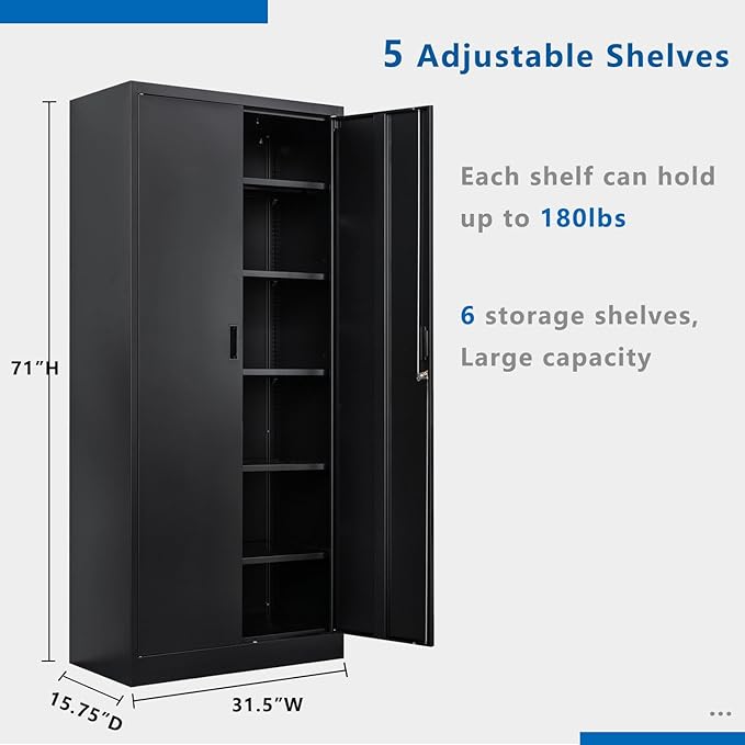 BESFUR Metal Storage Cabinet, 71" H Locking Storage Cabinet with 5 Adjustable Shelves, Metal Cabinets for Garage, Office, Home, Classroom- Black