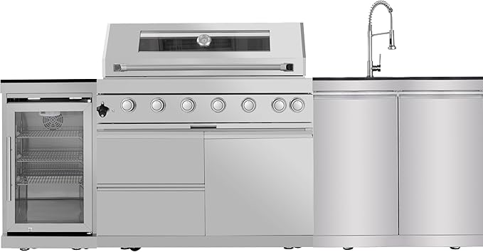 96'' 6-Burner 85000 BTU Deluxe Stainless Steel Propane Gas Outdoor Kitchen Barbecue Island Grill, Wine Cooler Compact Refrigerator, Rotisserie Kit, Granite Countertops, Stainless Steel Sink, Silver