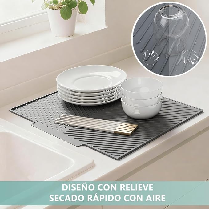 Dish Drying Mat, Silicone Dish Drying Mat for Kitchen Counter, Dish Drainboard with Built-in Drain, Non-silp, Heat Resistant, Dishwasher Safe (Black, 17"x13")
