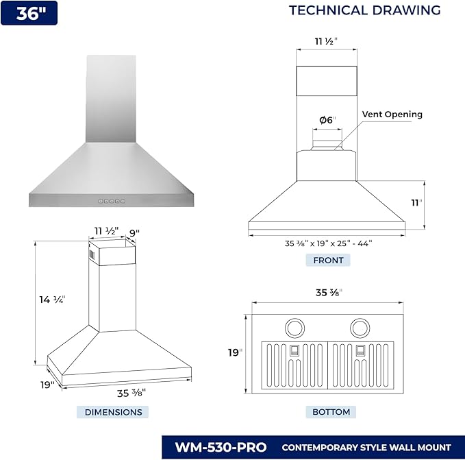 Hauslane Wall Mount Range Hood 36 Inch, Pro Model, Stainless Steel Range Hood, Strong Suction, Changeable LED Lamps, 6” Duct or Ductless, Kitchen Hood Vent, Stove Hood Vent