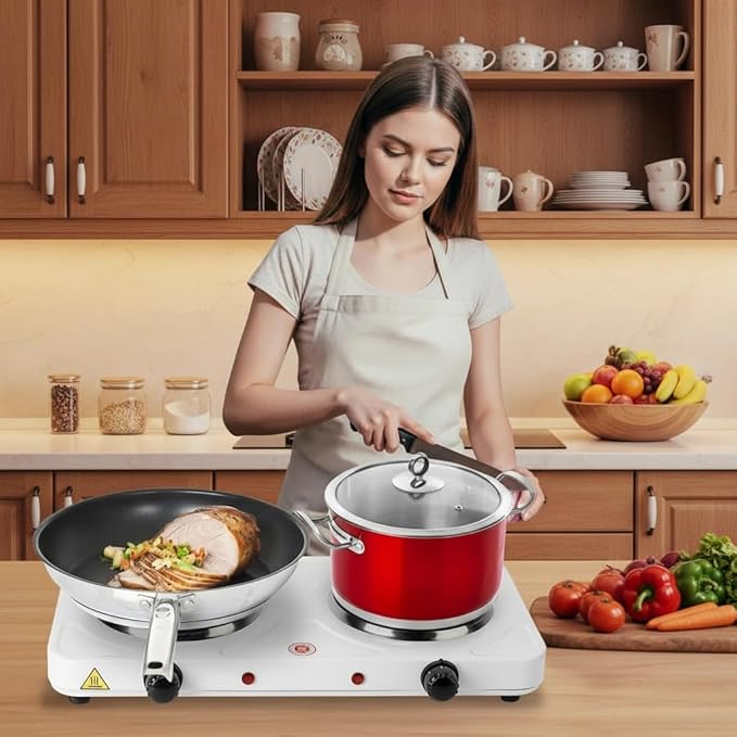 2000W Electric Double Hot Plate Portable Countertop Burner Dual Counter Stove Kitchen Cooktop with 5 Gear Temperature Control for Home RV Camp