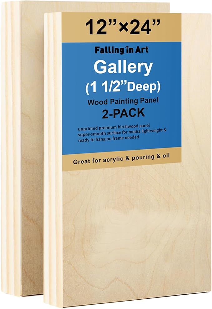 Falling in Art 2 Pack Unfinished Wooden Canvas Panels, 12x24 Gallery Birch Wood Panels Kit, 1 1/2" Deep Art Cradle Boards for Acrylic Painting, Pouring and Burning