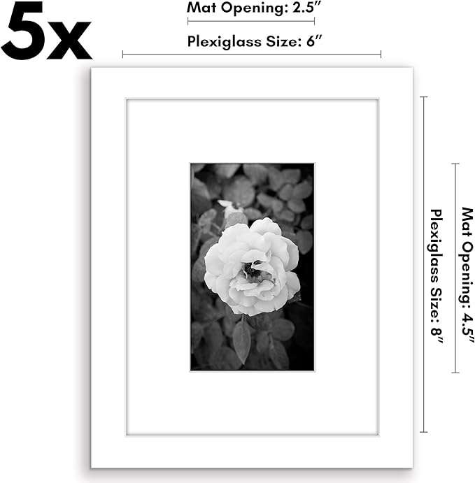 Americanflat 6x8 Picture Frame with Polished Plexiglass - Set of 5 - Use as 3x5 Frame with Mat or Display 6x8 Photo Without Mat - Galleria Collection - Picture Frames for Tabletop and Wall - White