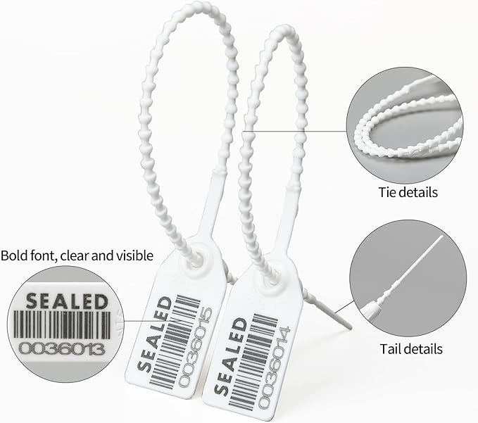 500 White Plastic Barcode Seals, Numberd Plastic Tamper Seals Security Tags, Pull-Tite Safety Zip Ties, Tamper Proof Tags Plasic Locks for Fire Extinguishers