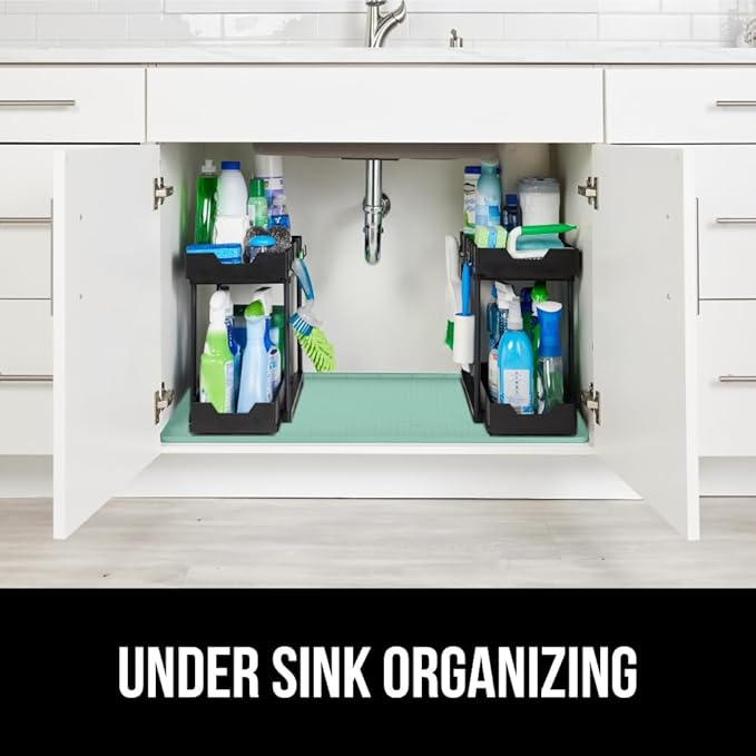 GORILLA GRIP Waterproof Silicone Under Sink Mat with Raised Lip for Kitchen and Bathroom, Cabinet Shelf Liner Stay in Place Mats Dishwasher Safe Drawer Liner, Organizer Tray, 19 x 34 in, Mint