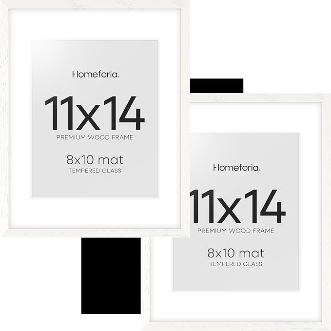 Homeforia White Frame 11x14 Wood, High End Oak 11x14 Picture Frames with Mat 8x10, 11 x 14 White Wooden Poster Frame Matted to 8 x 10 inch Photo, 14by11 Thin Frames, Tempered Glass, Wall Kit, Set of 2