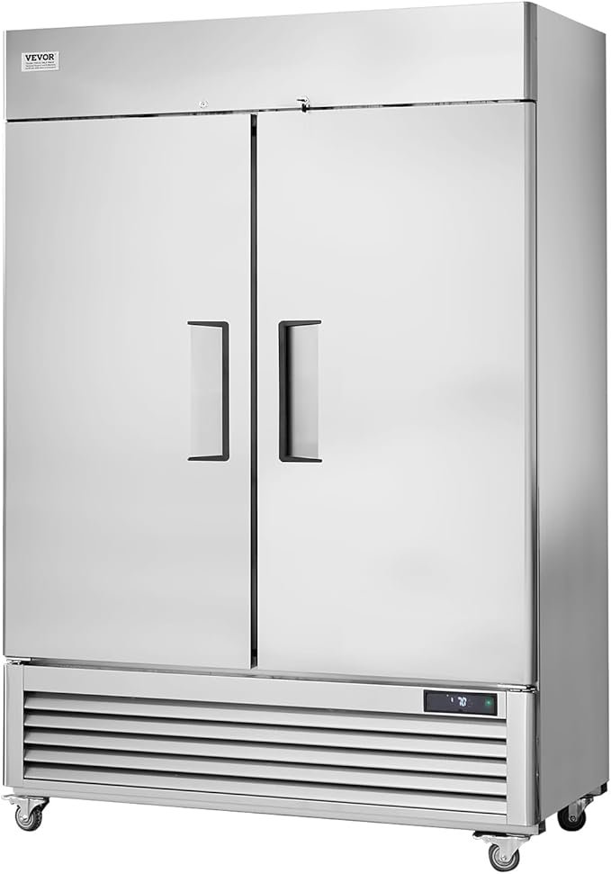 VEVOR Commercial Freezer 44.21 Cu.ft, Reach In 54.4" W Upright Freezer 2 Doors, Auto-Defrost Stainless Steel Reach-in Freezer with 8 Adjustable Shelves, -13 to 5℉ Temp Control, LED Lighting, 4 Wheels