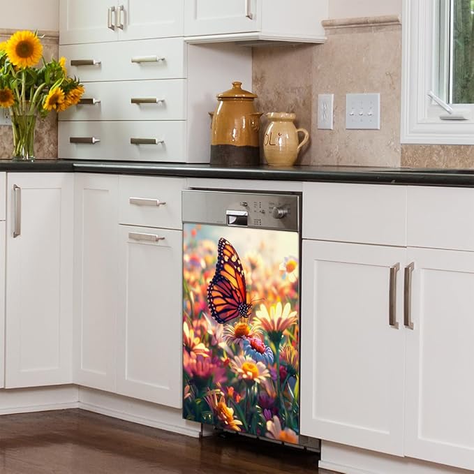 Butterfly Beautiful Flowers Dishwasher Magnet Cover, Reusable Refrigerator Panel Stickers Microwave Front Door Covers Magnets for Kitchen Home Appliances Holiday Party Decorations 23 X 26 in