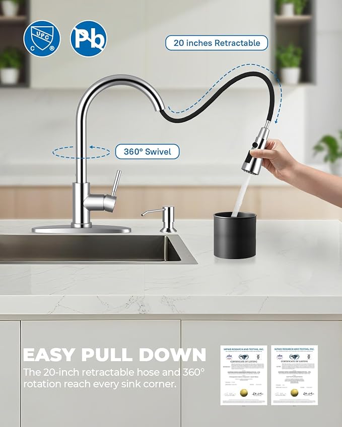 WEWE Kitchen Faucet with Soap Dispenser and Pull Down Sprayer, RV Single Handle Classic 3 Modes Stainless Steel Faucet for Kitchen Sink, RV, Polishede Chrome