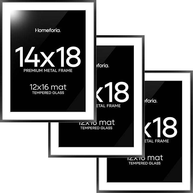 Homeforia 14x18 Picture Frame Black, High End Metal 14x18 Poster Frames with Mat 12x16 for Photo, 14 x 18 Black Frame Matted to 12 x 16 inch Print, 18x14 Thin Frame, Tempered Glass, Wall Kit, Set of 3