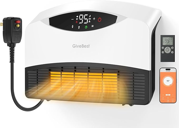 GiveBest Electric Wall Heater, 1500W Smart Wall Heater for Bathroom, Wall Mounted Heaters with Thermostat, Remote Control, 12H Timers, Compatible with Alexa, with ALCI Plug