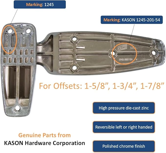 Kason 1245 Reversible Cam-Rise Hinge Chrome Finish for Freezer/Cooler/Refrigerator, 1245-201-54 (1-7/8" Offset)