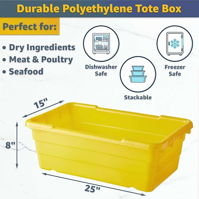 16"x26"x19" Mobile Aluminum Lug Rack with Yellow Meat Lug Tote Box - NSF Heavy-Duty 1 Lug Capacity Food Storage Cart with 5" Swivel Casters, Freezer Safe, Commercial Cart for Seafood, Ingredients