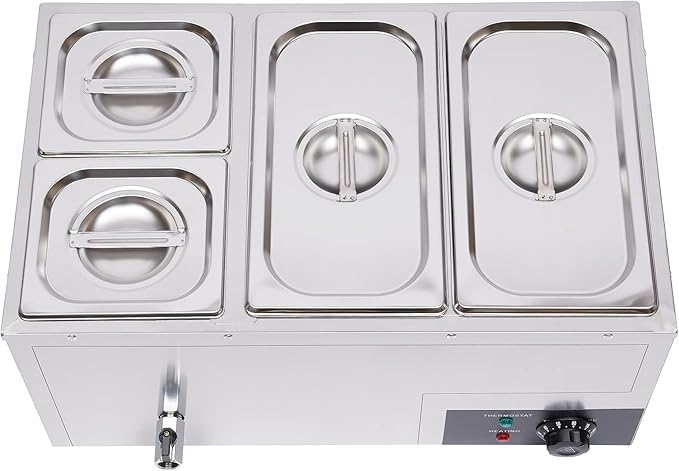 DYNAMI 110V 850W Commercial Buffet Food Warmer,Large Capacity 4 Pan(7.4QT*2+3.2QT*2) Stainless Steel Electric Countertop Steam Table with Intelligent Thermostat Design,for Parties Buffet Catering
