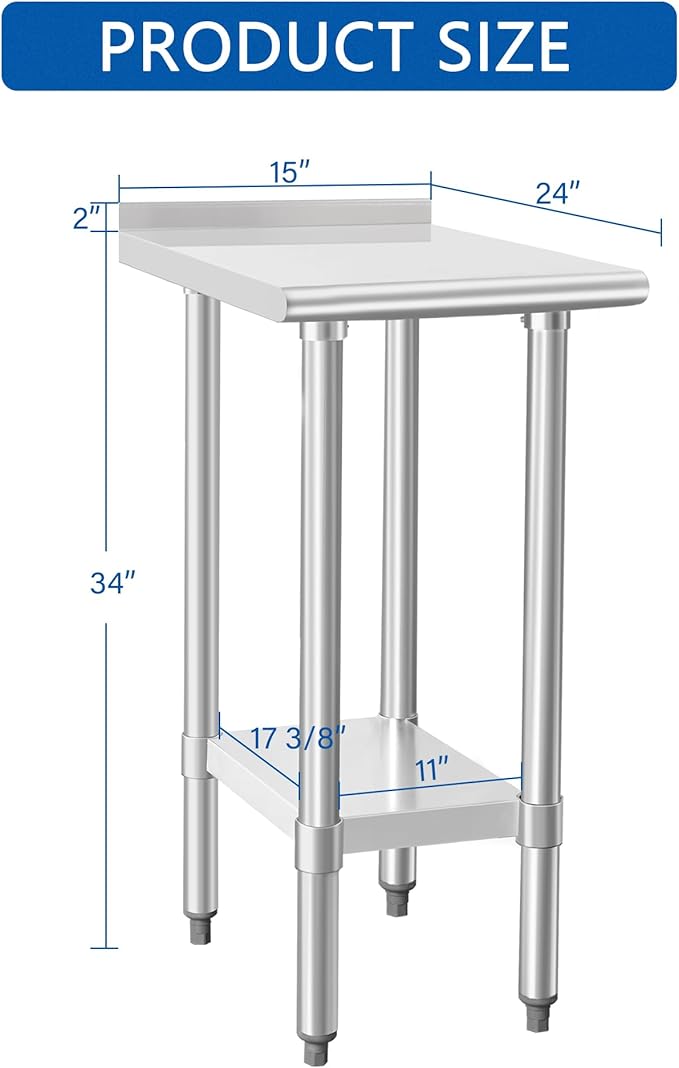 HARDURA Stainless Steel Commercial Work Table Prep Work Metal Table 24×15 Inches with Undershelf and 2" Backsplash Heavy Duty NSF 430 for Kitchen Food Prep