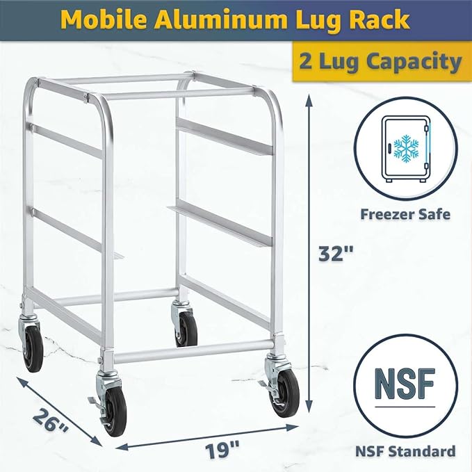 19"x26"x32" Mobile Aluminum Lug Rack - 2 Lug Capacity, NSF Commercial Portable Cart with 5" Swivel Casters and Brakes, Heavy-Duty 300 lb Capacity Storage Rack, Freezer Safe, Utility Dolly